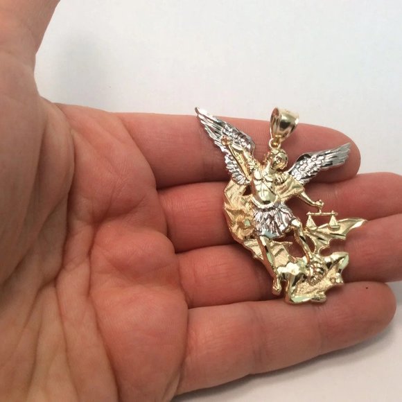 10k Yellow Real Gold Solid Saint 2 Tone Michael Archangel and the Devil Pendant - Picture 5 of 8